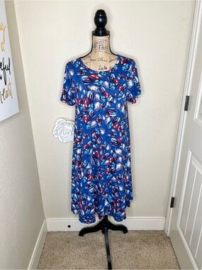 NTM LuLaRoe Carly Americana Balloon Print Swing Dress Size M Patriotic High Low